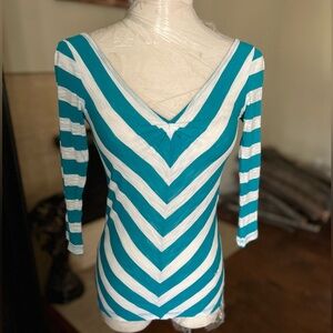 Striped V-Neck Teal and White Women's Top
